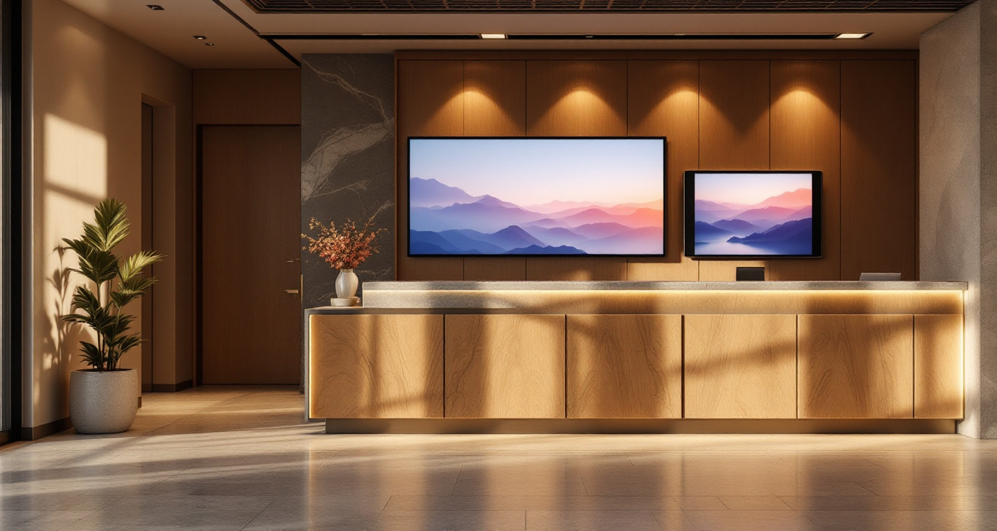 A hotel reception desk with two wall-mounted displays showing ambient content